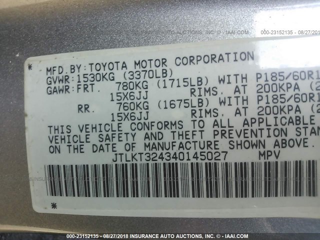 JTLKT324340145027 - 2004 TOYOTA SCION XB Grau Foto 9