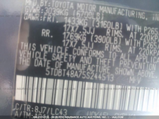 5TDBT48A75S244513 - 2005 TOYOTA SEQUOIA LIMITED BLUE photo 9