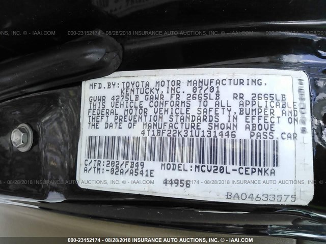 4T1BF22K31U131446 - 2001 TOYOTA CAMRY LE/XLE BLACK photo 9
