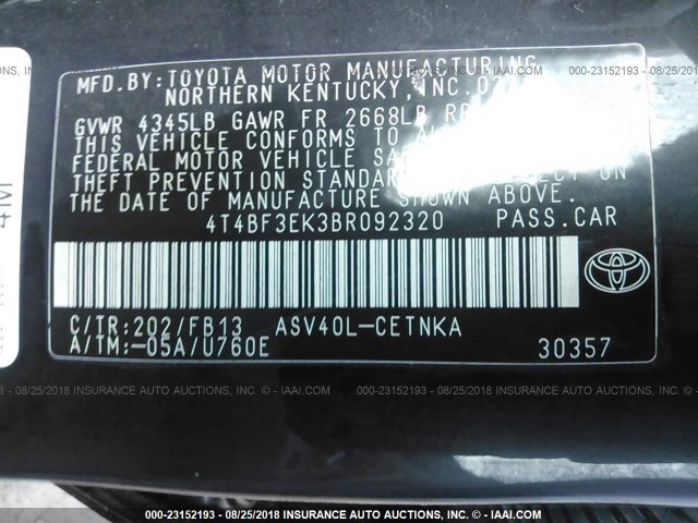 4T4BF3EK3BR092320 - 2011 TOYOTA CAMRY SE/LE/XLE 黑色 照片 9