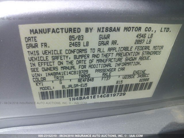 1N4BA41E14C819729 - 2004 NISSAN MAXIMA SE/SL SILVER photo 9