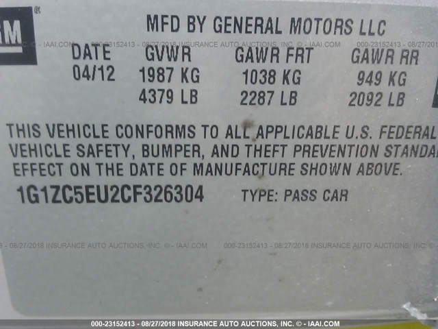 1G1ZC5EU2CF326304 - 2012 CHEVROLET MALIBU 1LT ვერცხლისფერი ფოტო 9