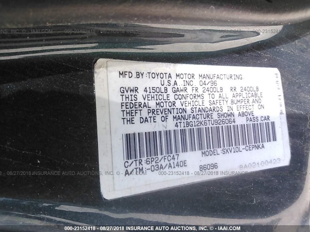 4T1BG12K6TU926064 - 1996 TOYOTA CAMRY DX/LE/XLE GREEN photo 9