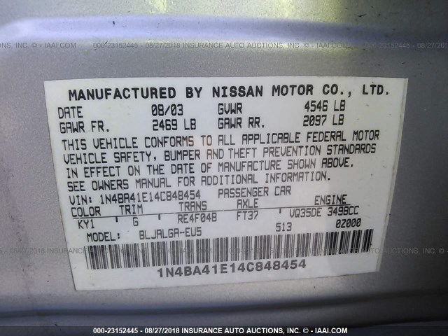 1N4BA41E14C848454 - 2004 NISSAN MAXIMA SE/SL SILVER photo 9