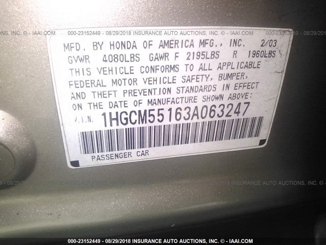 1HGCM55163A063247 - 2003 HONDA ACCORD DX GOLD photo 9