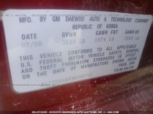 KL1TD56E49B340701 - 2009 CHEVROLET AVEO LS/LT 红色 照片 9