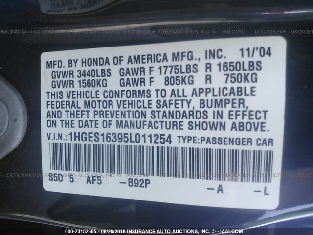 1HGES16395L011254 - 2005 HONDA CIVIC DX VP BLACK photo 9