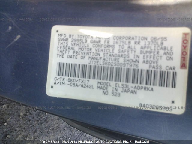 JT2EL56D2S0097976 - 1995 TOYOTA TERCEL DX BLUE photo 9