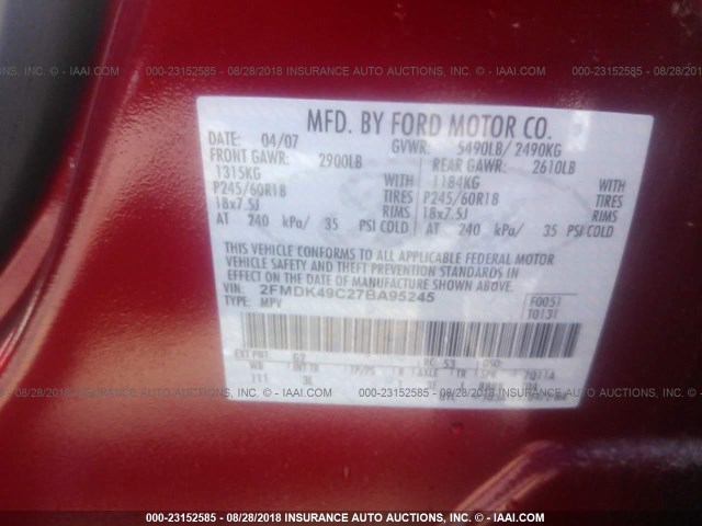 2FMDK49C27BA95245 - 2007 FORD EDGE SEL PLUS MAROON photo 9