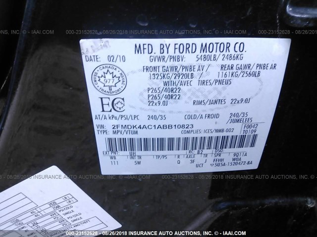 2FMDK4AC1ABB10823 - 2010 FORD EDGE SPORT BLACK photo 9