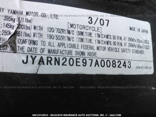 JYARN20E97A008243 - 2007 YAMAHA YZFR1 BLACK photo 10