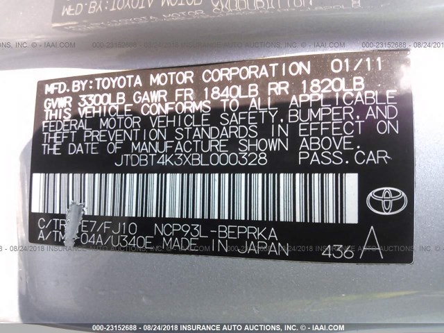 JTDBT4K3XBL000328 - 2011 TOYOTA YARIS SILVER photo 9