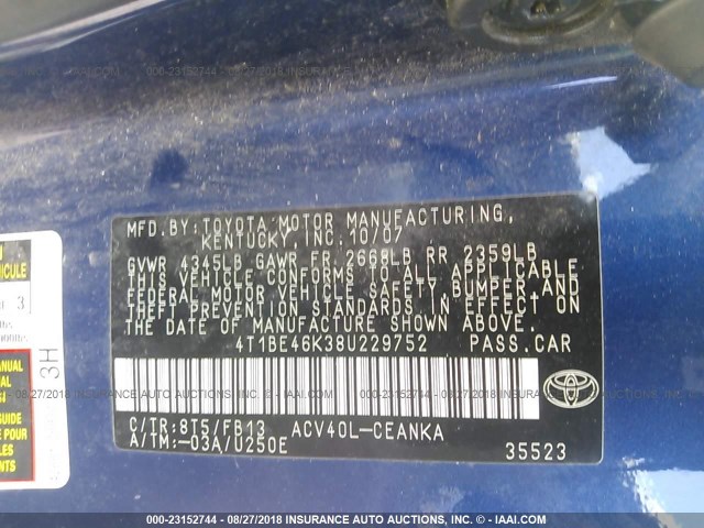 4T1BE46K38U229752 - 2008 TOYOTA CAMRY CE/LE/XLE/SE BLUE photo 9