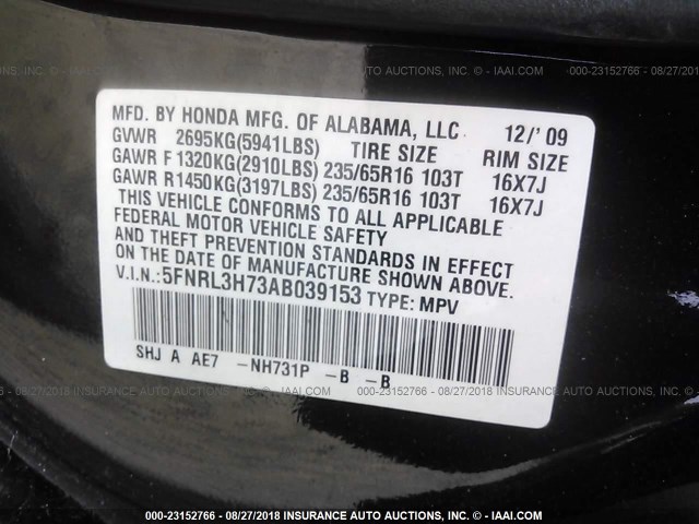 5FNRL3H73AB039153 - 2010 HONDA ODYSSEY EXL BLACK photo 9