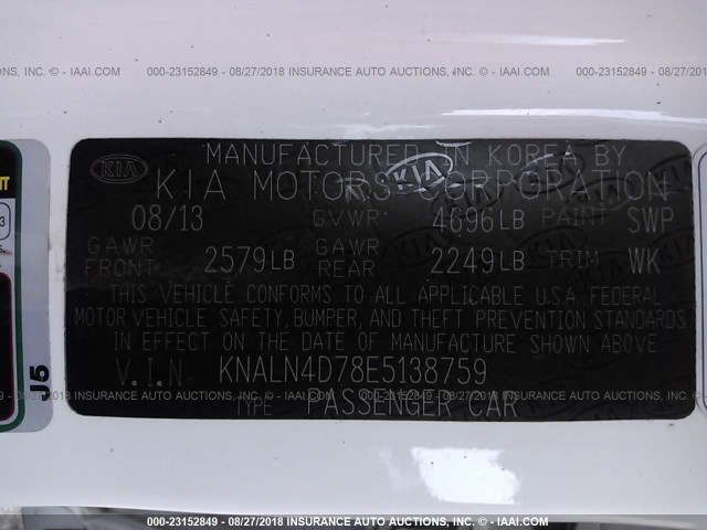 KNALN4D78E5138759 - 2014 KIA CADENZA PREMIUM/LIMITED WHITE photo 9