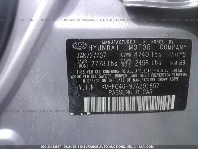 KMHFC46F97A201657 - 2007 HYUNDAI AZERA SE/LIMITED GRAY photo 9