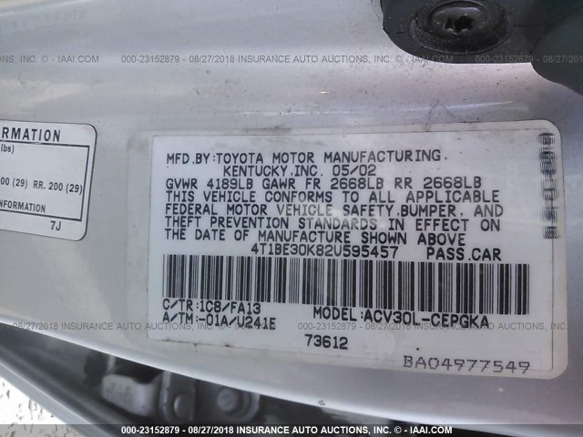 4T1BE30K82U595457 - 2002 TOYOTA CAMRY LE/XLE/SE 银色 照片 9