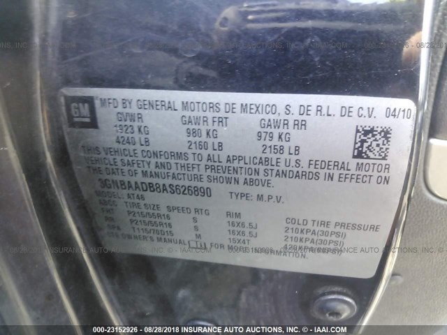 3GNBAADB8AS626890 - 2010 CHEVROLET HHR LS BLACK photo 9