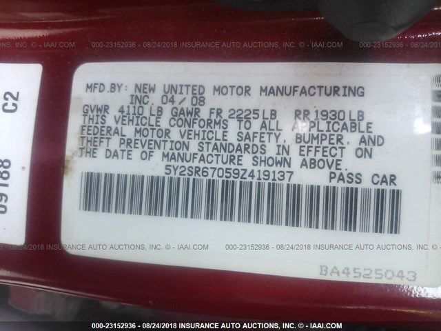 5Y2SR67059Z419137 - 2009 PONTIAC VIBE GT RED photo 9