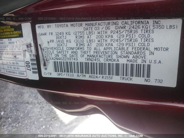 5TEUX42N46Z239749 - 2006 TOYOTA TACOMA ACCESS CAB MAROON photo 9