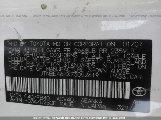 JTNBE46KX73092619 - 2007 TOYOTA CAMRY NEW GENERAT CE/LE/XLE/SE WHITE photo 9