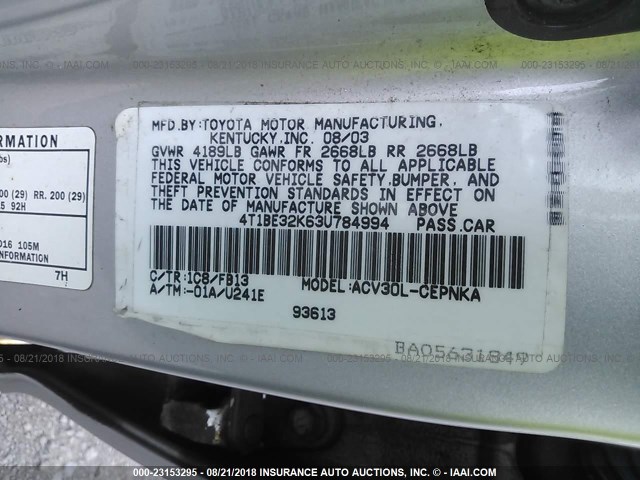 4T1BE32K63U784994 - 2003 TOYOTA CAMRY LE/XLE/SE Gümüş foto 9