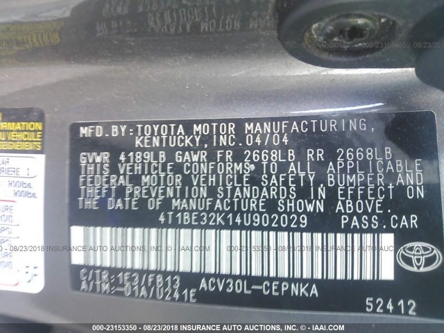 4T1BE32K14U902029 - 2004 TOYOTA CAMRY LE/XLE/SE Boz foto 9