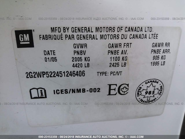 2G2WP522451246406 - 2005 PONTIAC GRAND PRIX 白色 照片 9