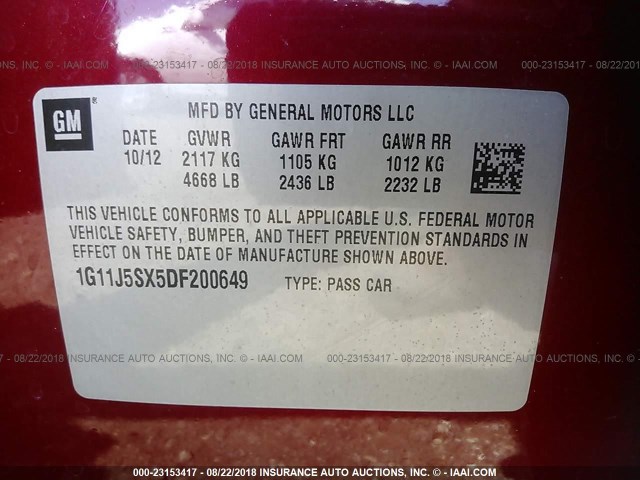 1G11J5SX5DF200649 - 2013 CHEVROLET MALIBU LTZ 红色 照片 9