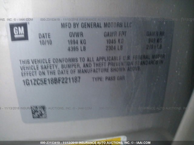 1G1ZC5E18BF221187 - 2011 CHEVROLET MALIBU 1LT TAN photo 9