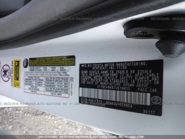 4T1BE46K67U618822 - 2007 TOYOTA CAMRY NEW GENERAT CE/LE/XLE/SE WHITE photo 9