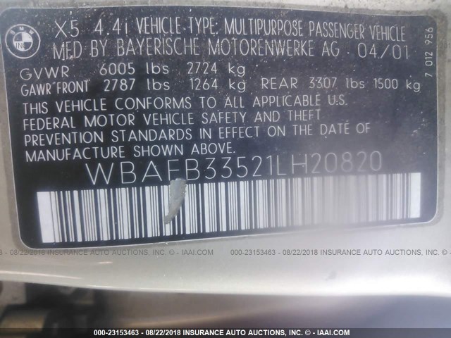 WBAFB33521LH20820 - 2001 BMW X5 4.4I GREEN photo 9