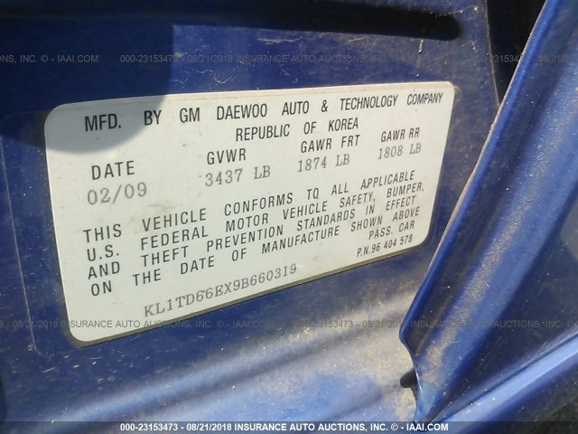 KL1TD66EX9B660319 - 2009 CHEVROLET AVEO LS/LT 蓝色 照片 9