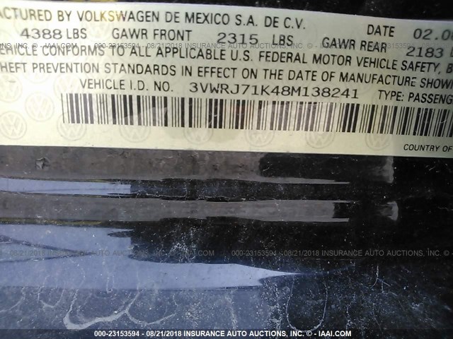 3VWRJ71K48M138241 - 2008 VOLKSWAGEN JETTA WOLFSBURG 黑色 照片 9