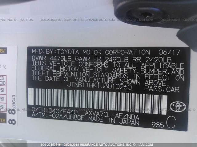 JTNB11HK1J3010260 - 2018 TOYOTA CAMRY L/LE/XLE/SE/XSE WHITE photo 9