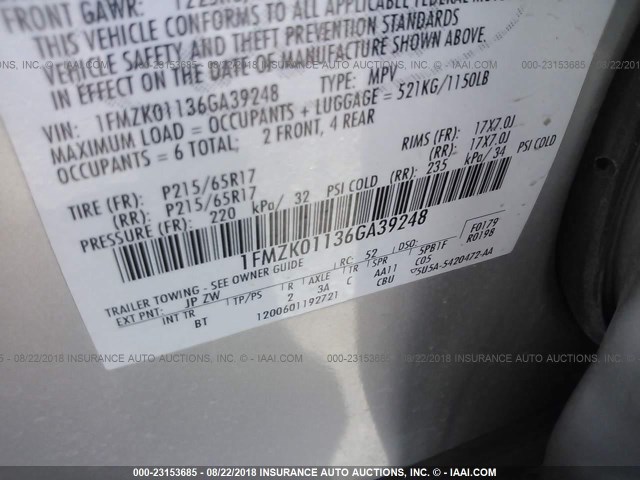 1FMZK01136GA39248 - 2006 FORD FREESTYLE SE GRAY photo 9