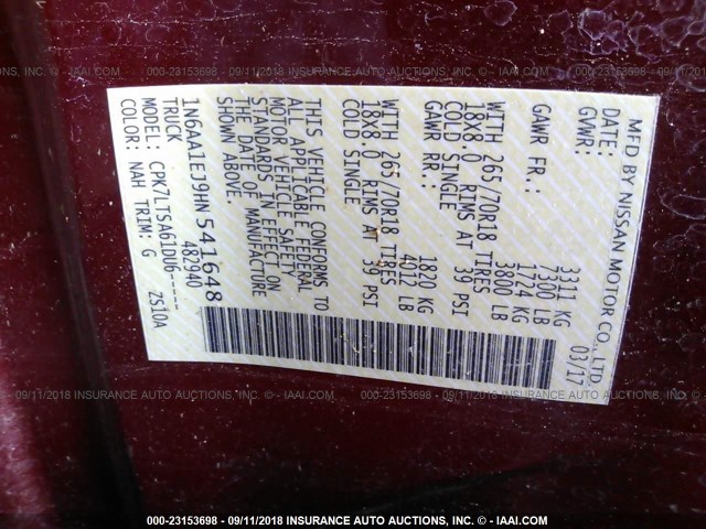 1N6AA1EJ9HN541648 - 2017 NISSAN TITAN S BURGUNDY photo 9