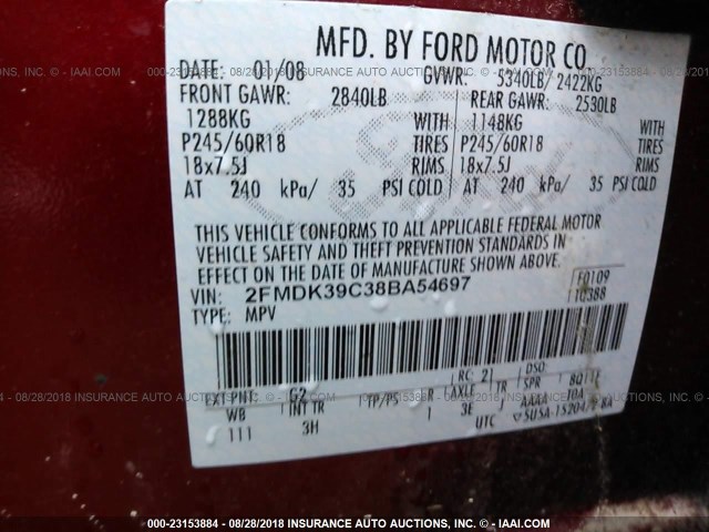 2FMDK39C38BA54697 - 2008 FORD EDGE LIMITED RED photo 9