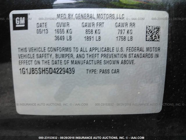 1G1JB5SH5D4229439 - 2013 CHEVROLET SONIC LS 黑色 照片 9