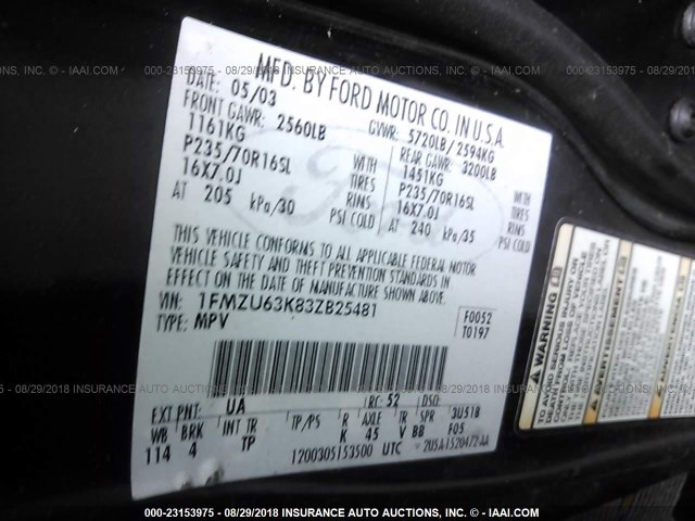 1FMZU63K83ZB25481 - 2003 FORD EXPLORER XLT/XLT SPORT/NBX 黑色 照片 9