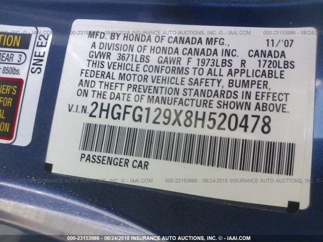2HGFG129X8H520478 - 2008 HONDA CIVIC EXL 蓝色 照片 9