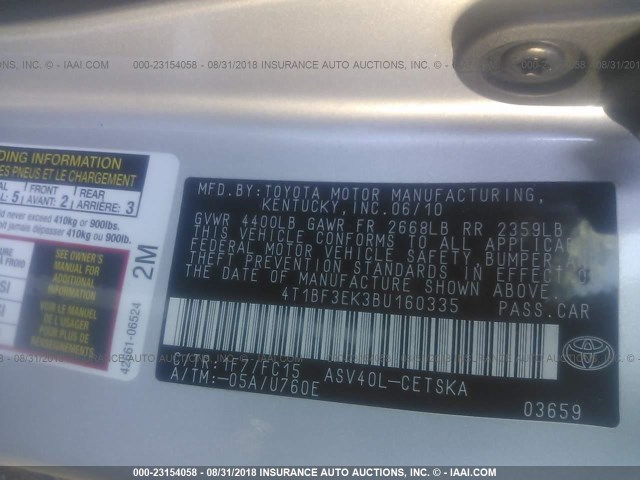 4T1BF3EK3BU160335 - 2011 TOYOTA CAMRY SE/LE/XLE 银色 照片 9