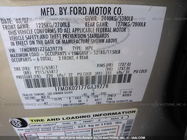 1FMDK02177GA39778 - 2007 FORD FREESTYLE SEL TAN photo 9