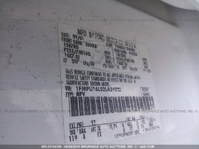 1FMPU16L52LA24222 - 2002 FORD EXPEDITION XLT WHITE photo 9