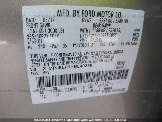 2LMPJ6LP0HBL40279 - 2017 LINCOLN MKX RESERVE Ոսկեգույն լուսանկար 9