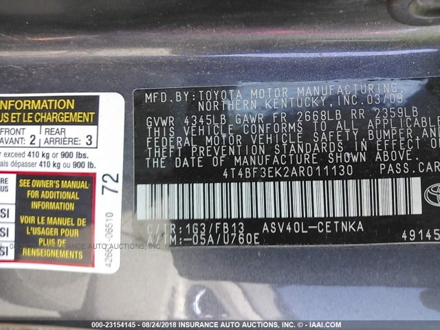 4T4BF3EK2AR011130 - 2010 TOYOTA CAMRY SE/LE/XLE GRAY photo 9