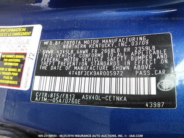 4T4BF3EK9AR005972 - 2010 TOYOTA CAMRY SE/LE/XLE ლურჯი ფოტო 9