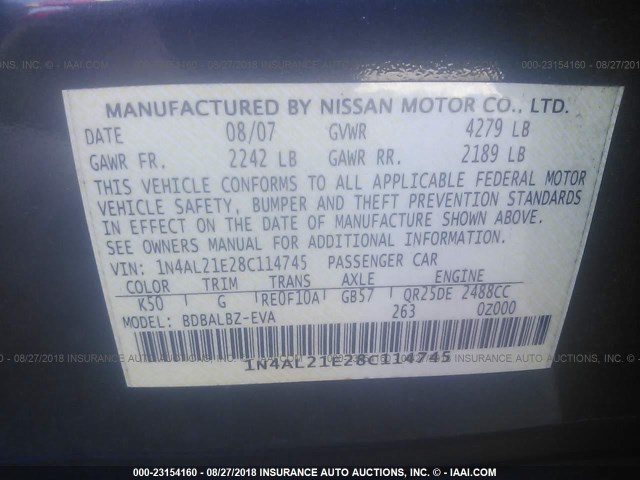 1N4AL21E28C114745 - 2008 NISSAN ALTIMA 2.5/2.5S GRAY photo 9