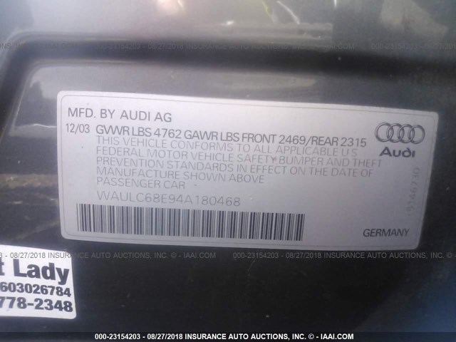 WAULC68E94A180468 - 2004 AUDI A4 1.8T QUATTRO GRAY photo 9