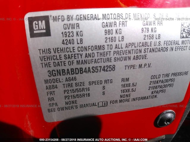 3GNBABDB4AS574258 - 2010 CHEVROLET HHR LT RED photo 9